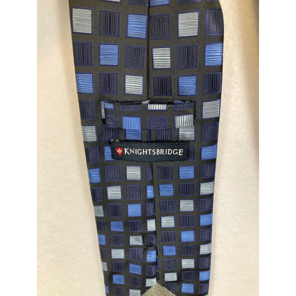Knightsbridge‎ Geometric Square Tie Mens OS Blue Navy Silver Woven Polyester